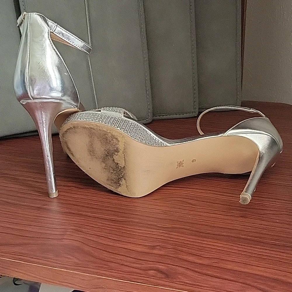 BCBGeneration Silver Bejeweled Ankle Straps Stiletto Heels